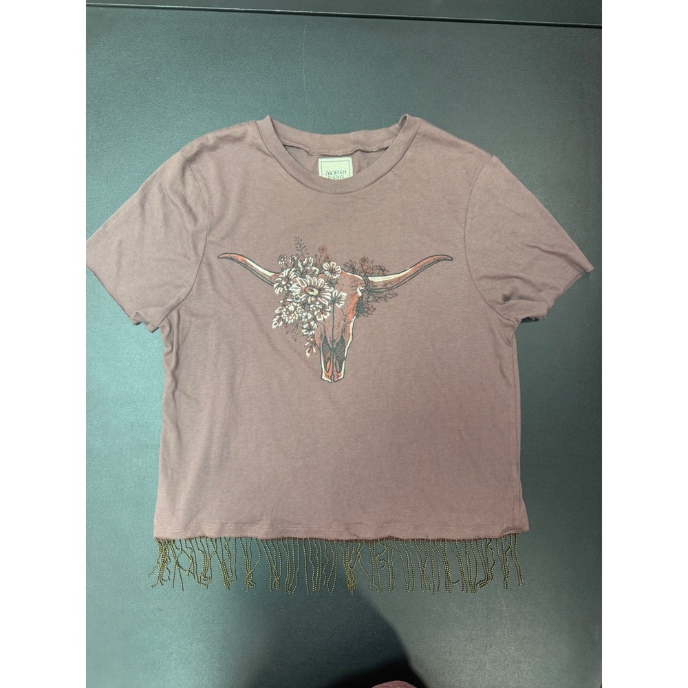 Modish Rebel Womens Graphic Tee Mauve Floral Longhorn Skull Ball Chain Fringe M